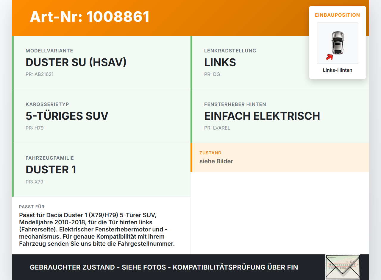 Dacia Duster 4x4 HS 10-18 Fensterhebermotor mit Fensterheber Links Hinten Dacia Duster 4x4 HS 10-18 25.08.2016... Vorschau 3