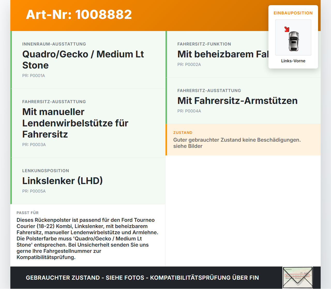 Ford Tourneo Courier 18-22 Kombi Sitzbezug Rückenpolster Links Vorne für Fahrer Sitz beheizt Ford Tourneo Courier... Vorschau 3