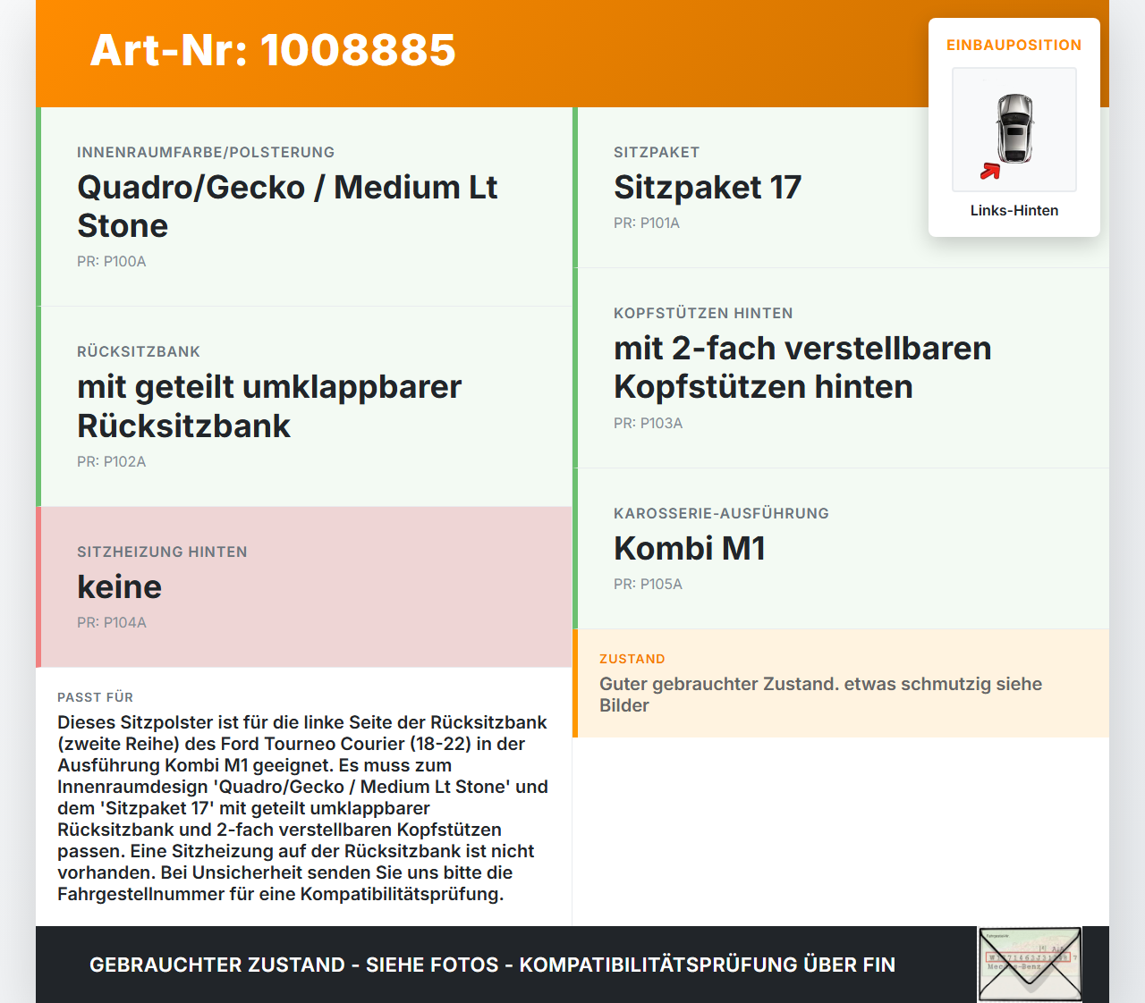 Ford Tourneo Courier 18-22 Kombi Sitzbezug Sitzpolster Links für Rücksitzbank Hinten Ford Tourneo Courier 18-22... Vorschau 3
