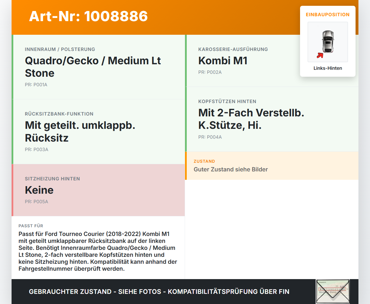 Ford Tourneo Courier 18-22 Kombi Sitzbezug Rückenpolster Links für Rücksitzbank Hinten Ford Tourneo Courier 18-22... Vorschau 3