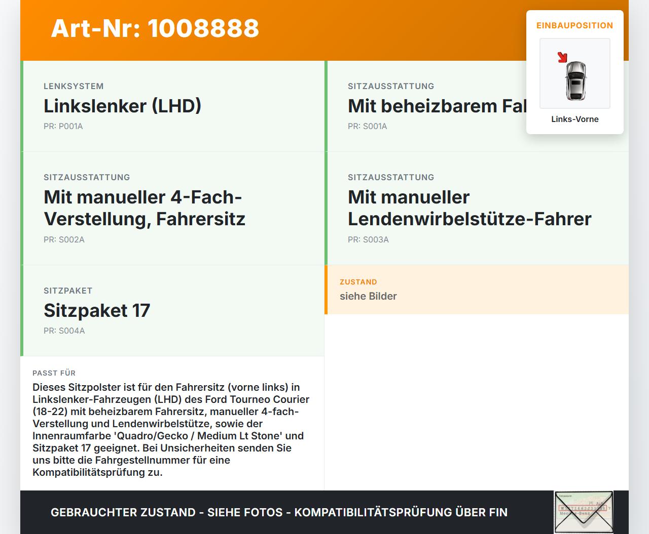 Ford Tourneo Courier 18-22 Kombi Sitzbezug Sitzpolster für Fahrersitz Sitz Links Vorne Ford Tourneo Courier 18-22... Vorschau 3