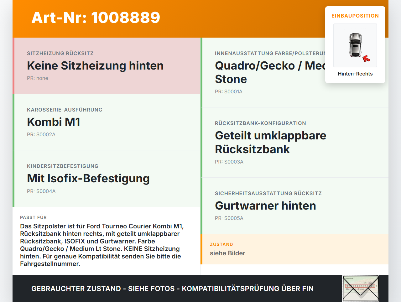 Ford Tourneo Courier 18-22 Kombi Sitzpolster Sitzfläche Rücksitzbank Hinten Rechts Ford Tourneo Courier 18-22... Vorschau 3