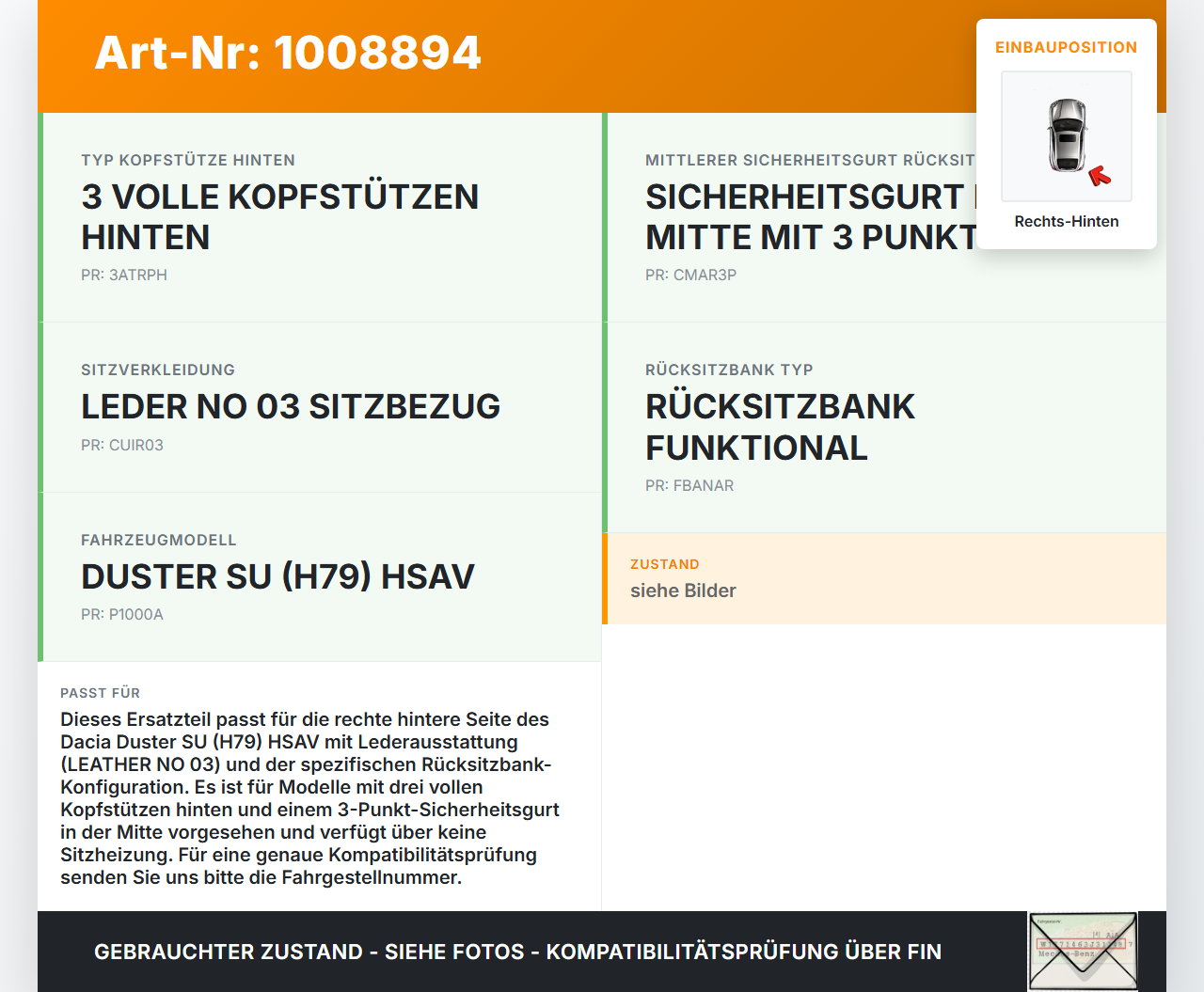 Dacia Duster 4x4 HS 10-18 Rücksitzbank Lehne Rückenlehne Rechts Hinten Dacia Duster 4x4 HS 10-18 25.08.2016 gebraucht Vorschau 3