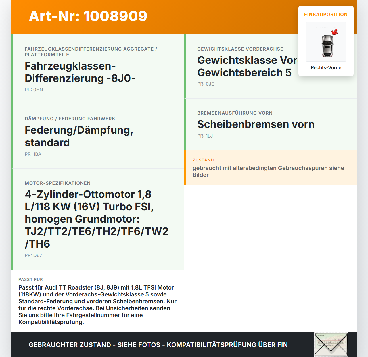 Audi TT Roadster 8J 8J9 10-14 TFSI 1,8 118KW Achsschenkel Radnabe Rechts Vorne KSM Audi TT Roadster 8J 8J9 10-14... Vorschau 3
