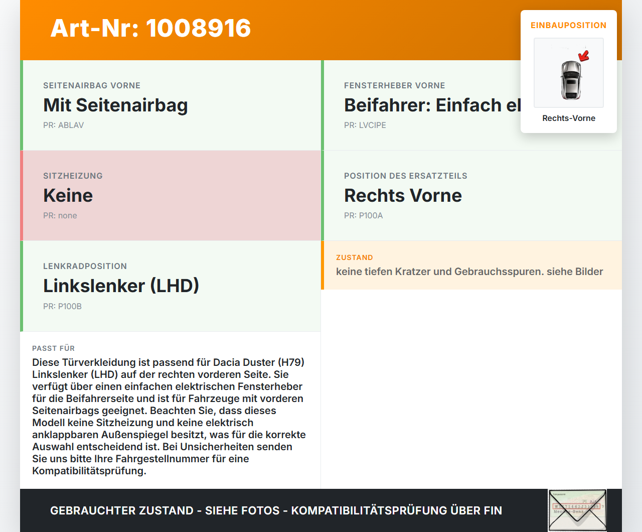 Dacia Duster 4x4 HS 10-18 Türverkleidung Türpappe Rechts Vorne Dacia Duster 4x4 HS 10-18 25.08.2016 163540313 gebraucht Vorschau 3