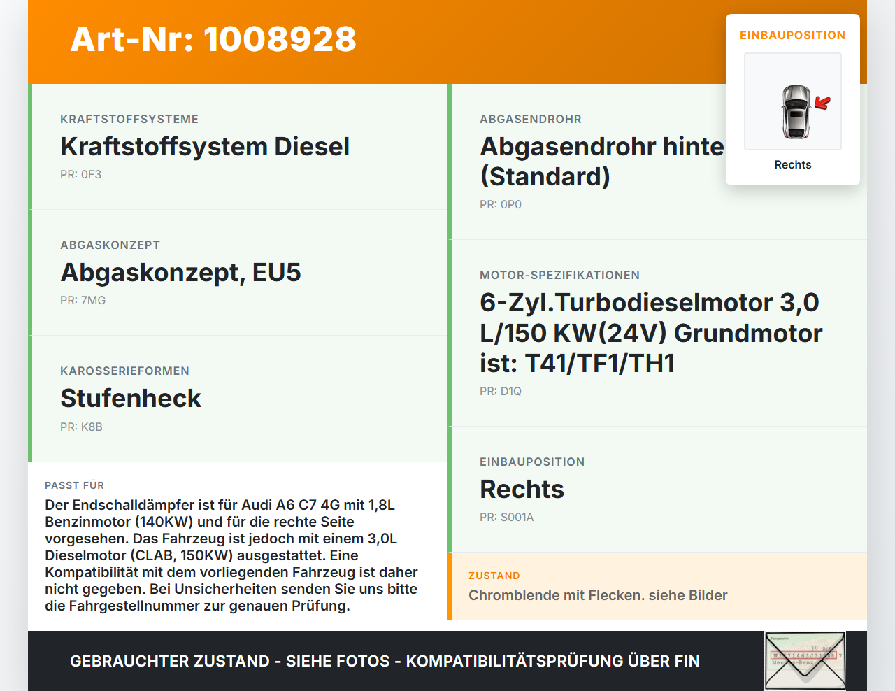 Audi A6 C7 4G 10-14 1,8 140KW Endschalldämpfer Endtopf Auspuff Rechts Audi A6 C7 4G 10-14 07.09.2011 4G0253610AK... Vorschau 3