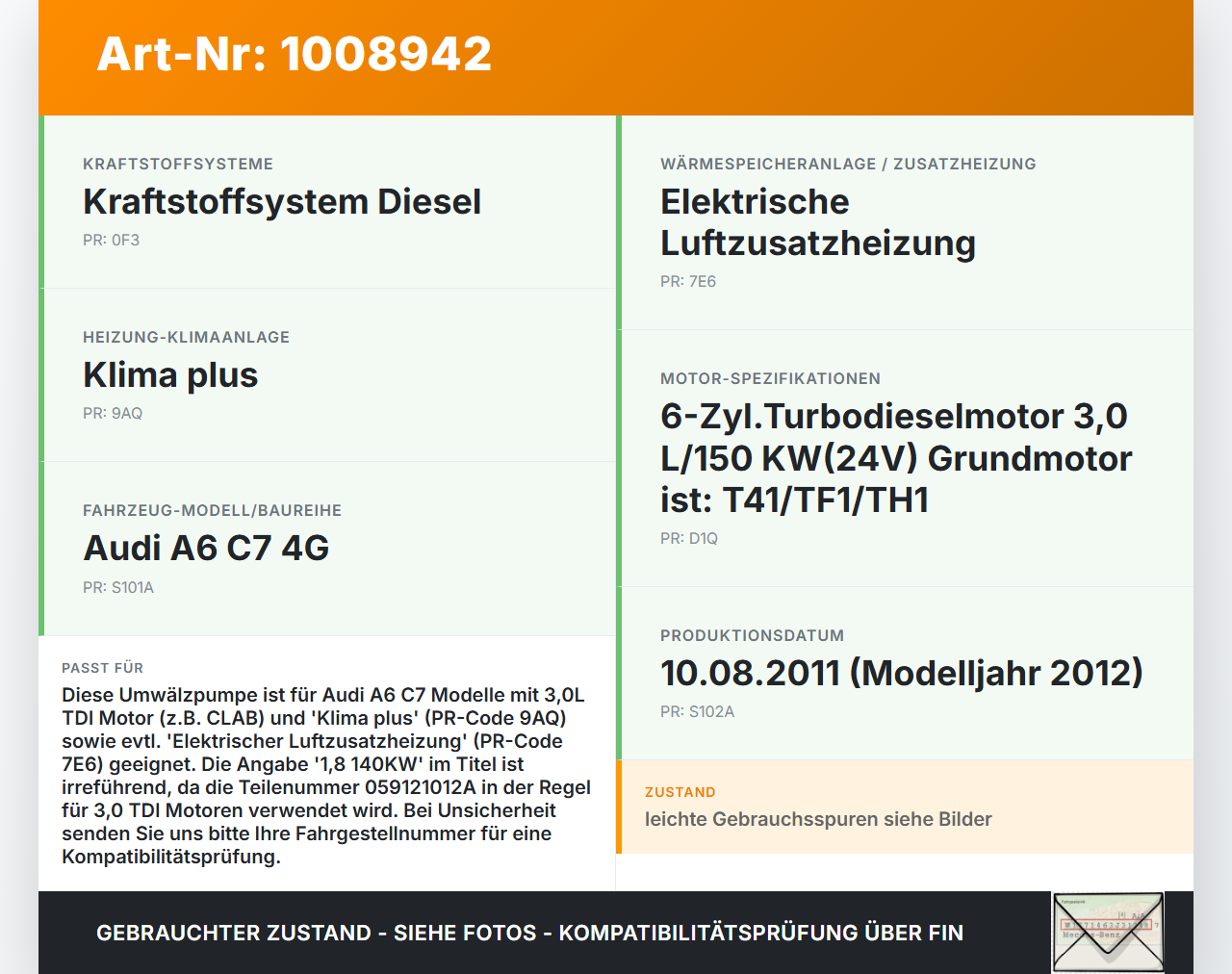 Audi A6 C7 4G 10-14 1,8 140KW Umwelzpumpe Heizung Pumpe Audi A6 C7 4G 10-14 07.09.2011 06D121601 059121012A... Vorschau 3