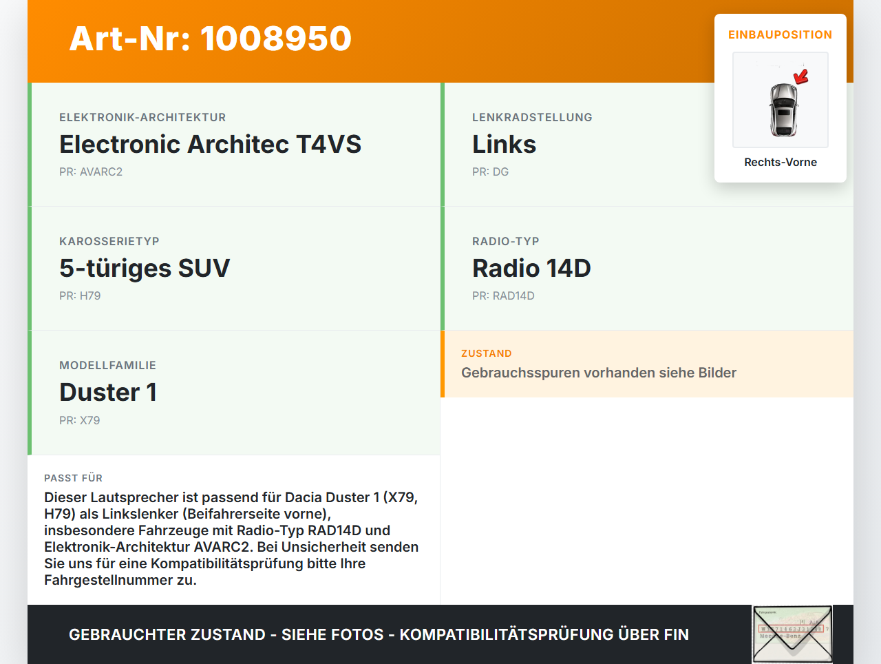Dacia Duster 4x4 HS 10-18 Lautsprecher Rechts Vorne Dacia Duster 4x4 HS 10-18 25.08.2016 gebraucht Vorschau 3
