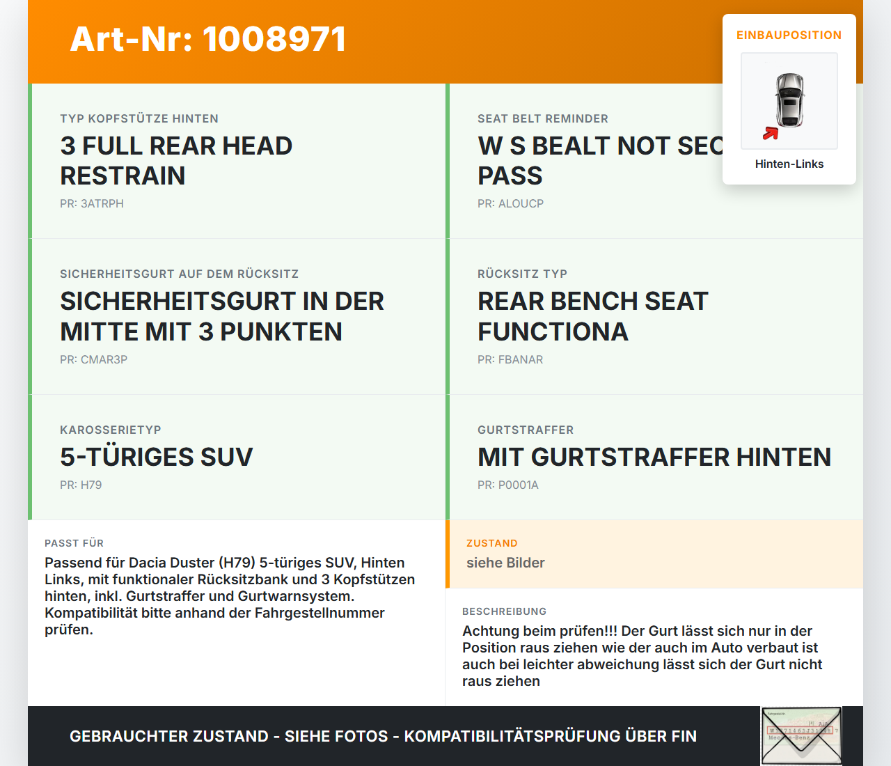 Dacia Duster 4x4 HS 10-18 Sicherheitsgurt Gurt Gurtstraffer Hinten Links Dacia Duster 4x4 HS 10-18 25.08.2016... Vorschau 3