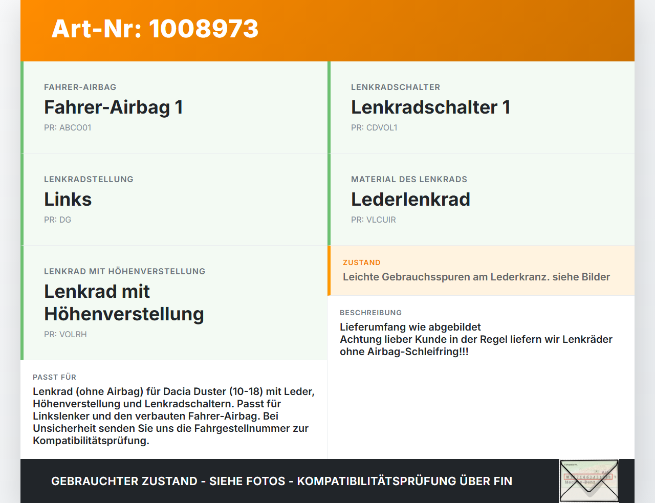 Dacia Duster 4x4 HS 10-18 Lederlenkrad Lenkrad ohne Airbag Dacia Duster 4x4 HS 10-18 25.08.2016 34164570B gebraucht Vorschau 3