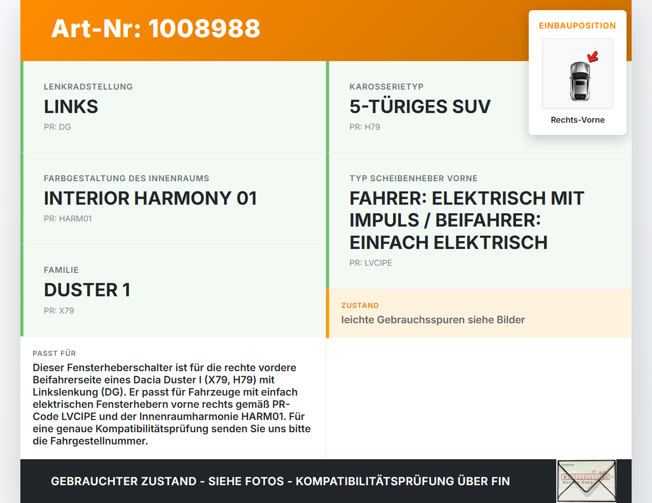 Dacia Duster 4x4 HS 10-18 Fensterheberschalter Schalter Rechts Vorne Dacia Duster 4x4 HS 10-18 25.08.2016 716228... Vorschau 3