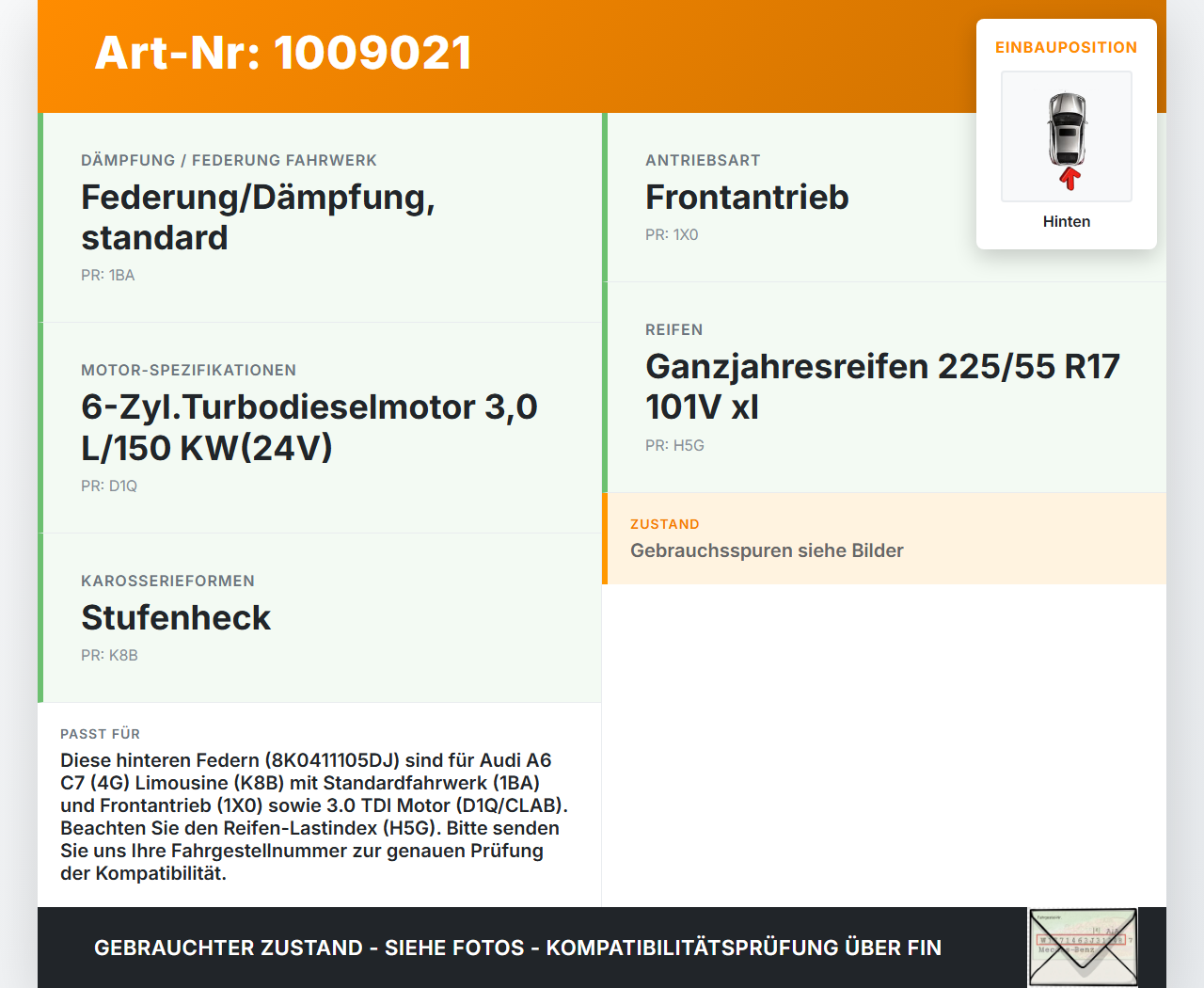 Audi A6 C7 4G 10-14 Lim Beide Feder Federn Hinten Audi A6 C7 4G 10-14 07.09.2011 8K0411105DJ gebraucht Vorschau 3