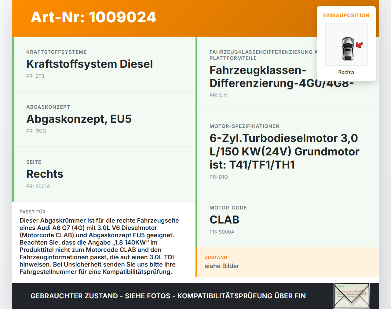 Audi A6 C7 4G 10-14 1,8 140KW CLAB Abgaskrümmer Rechts Audi A6 C7 4G 10-14 07.09.2011 059253034AQ gebraucht Vorschau 3