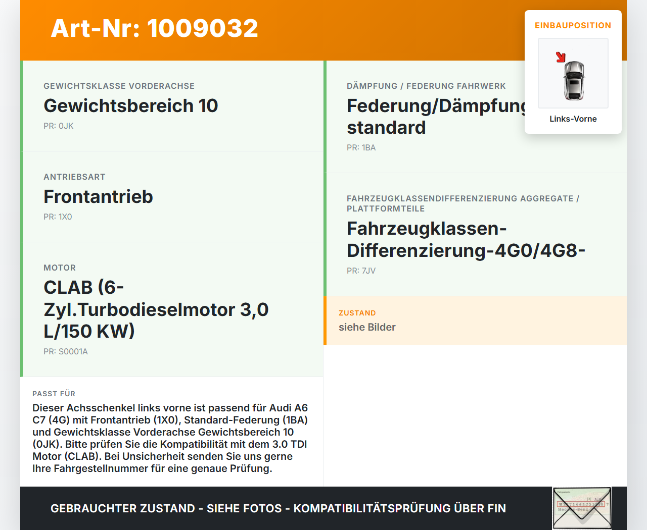 Audi A6 C7 4G 10-14 1,8 140KW Achsschenkel Radnabe Links Vorne Audi A6 C7 4G 10-14 07.09.2011 4G0407253A gebraucht Vorschau 3