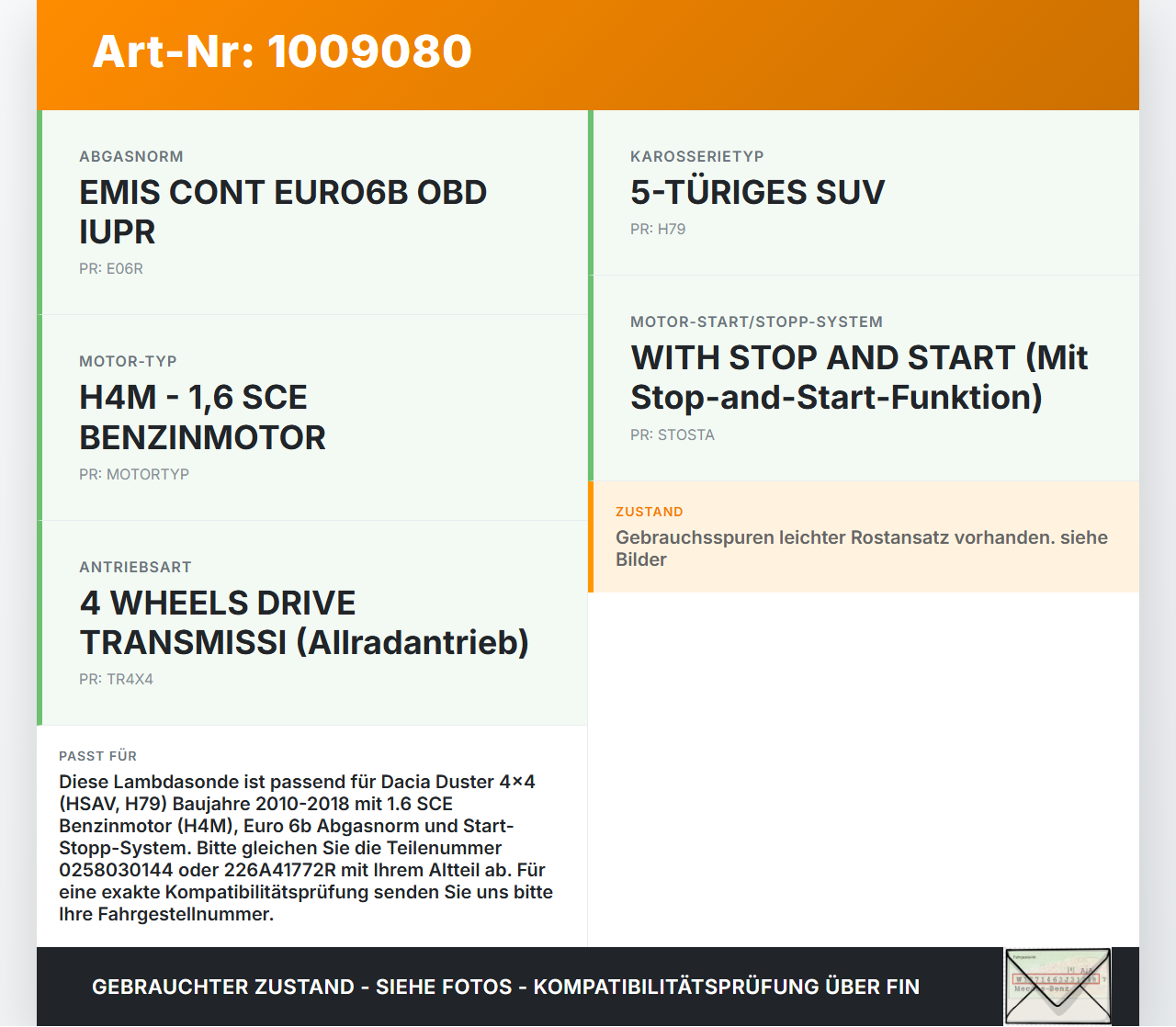 Dacia Duster 4x4 HS 10-18 1,6i 84KW Lambdasonde Dacia Duster 4x4 HS 10-18 25.08.2016 0258030144 226A41772R gebraucht Vorschau 3