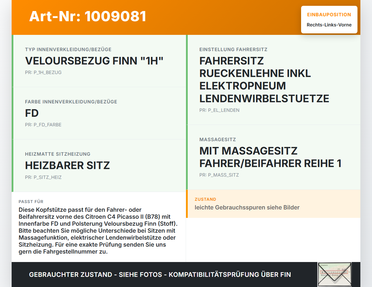 Citroen C4 Picasso II 13-22 Kopfstütze für Fahrer Sitz Rechts oder Links Vorne FD Citroen C4 Picasso II 13-22... Vorschau 3