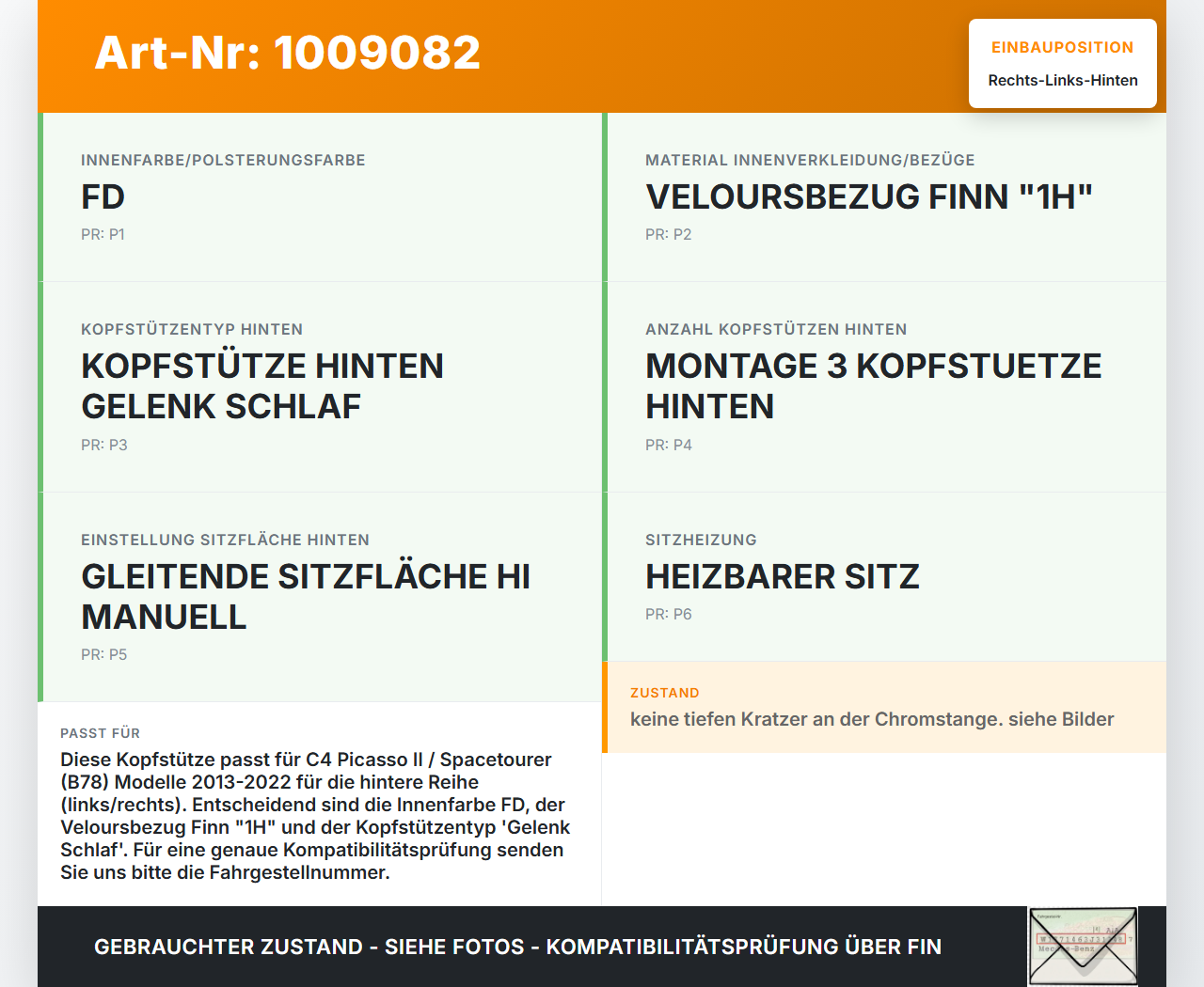 Citroen C4 Picasso II 13-22 Kopfstütze Rechts oder Links Hinten FD Citroen C4 Picasso II 13-22 08.10.2014... Vorschau 3