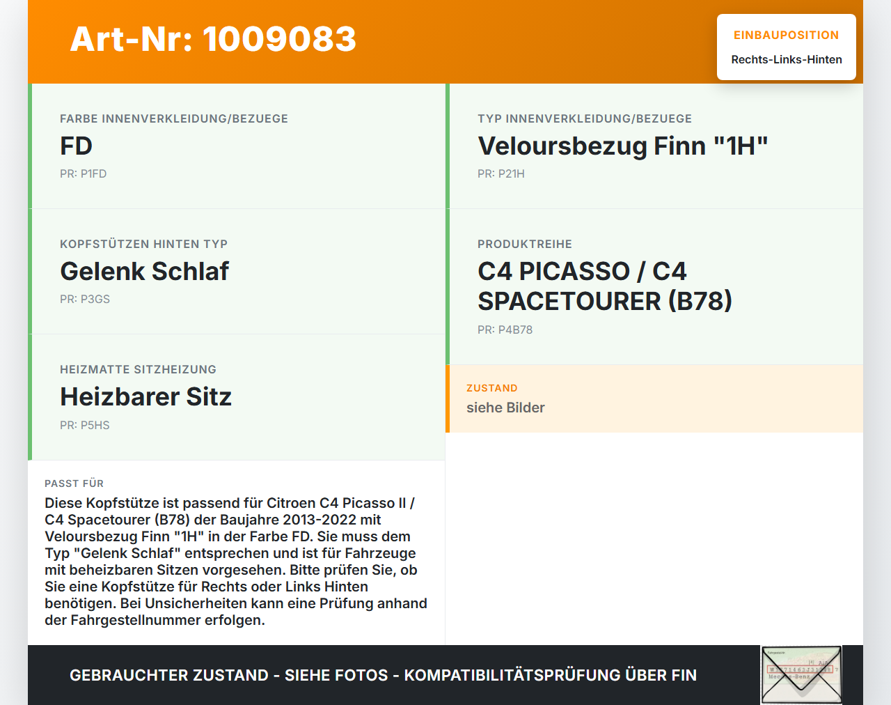 Citroen C4 Picasso II 13-22 Kopfstütze Rechts oder Links Hinten FD Citroen C4 Picasso II 13-22 08.10.2014... Vorschau 3