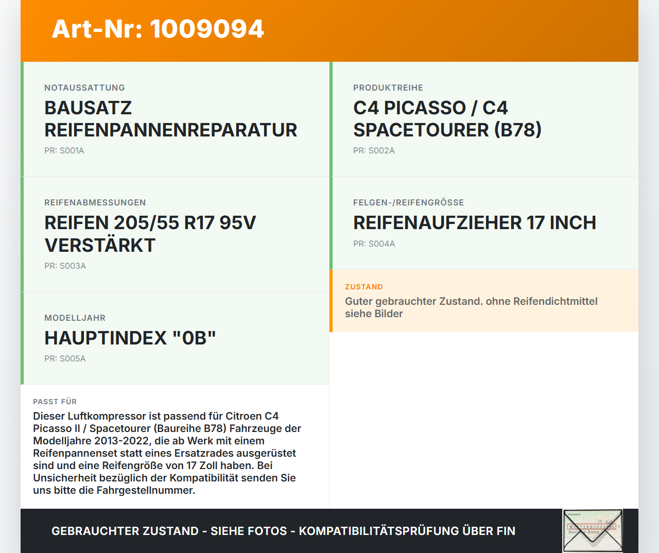 Citroen C4 Picasso II 13-22 Luftkompressor Pannenset Citroen C4 Picasso II 13-22 08.10.2014 gebraucht Vorschau 3