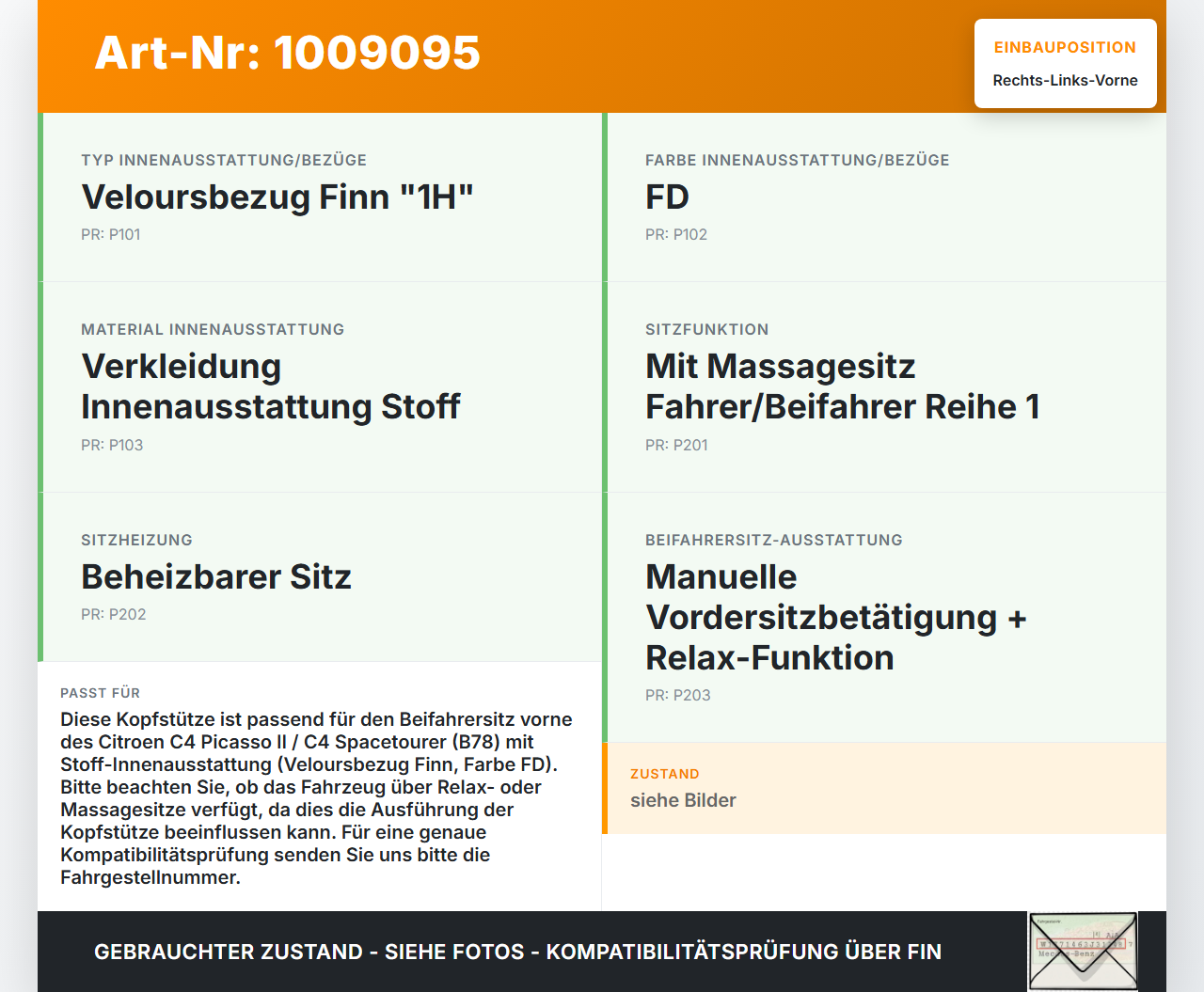 Citroen C4 Picasso II 13-22 Kombi Kopfstütze für Beifahrer Sitz Rechts oder Links Vorne Citroen C4 Picasso II 13-22... Vorschau 3