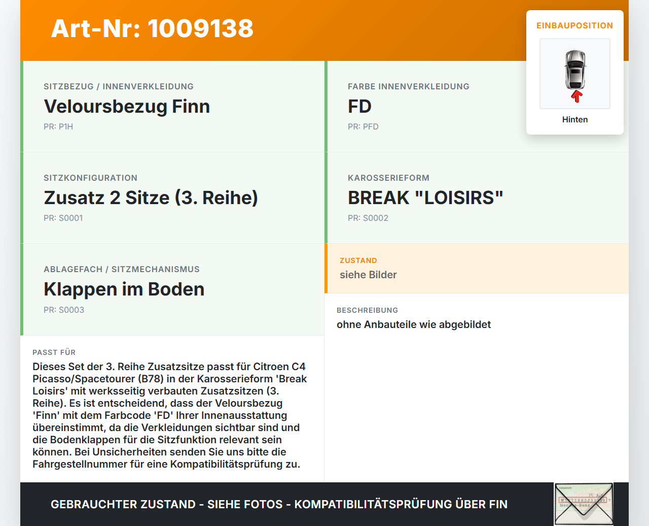 Citroen C4 Picasso II 13-22 Kombi Sitz 3te Reihe Zusatzsitze Set Hinten Verkleidungen Citroen C4 Picasso II 13-22... Vorschau 3