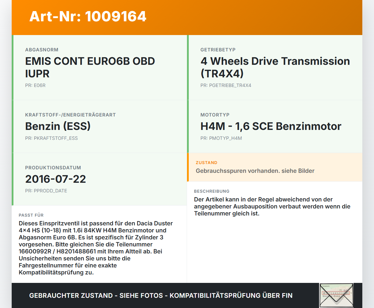 Dacia Duster 4x4 HS 10-18 1,6i 84KW Injektor Einspritzdüse Zyl.3 Dacia Duster 4x4 HS 10-18 25.08.2016 16600992R... Vorschau 3