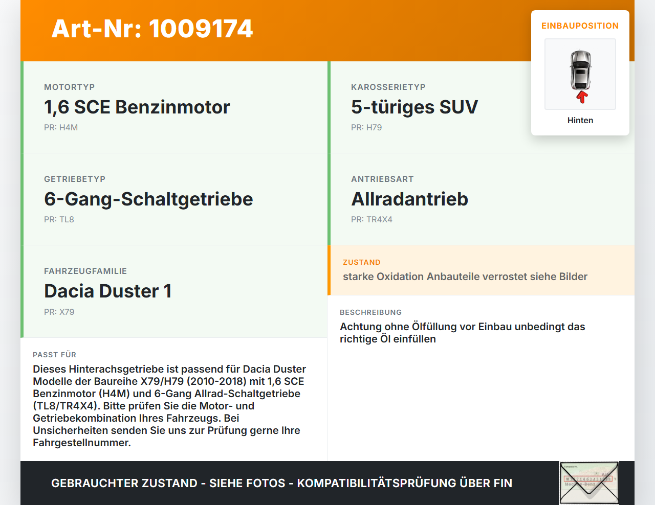 Dacia Duster 4x4 HS 10-18 1,6i 84KW 4WD Differential Hinterachsgetriebe Hinten Dacia Duster 4x4 HS 10-18 25.08.2016... Vorschau 3