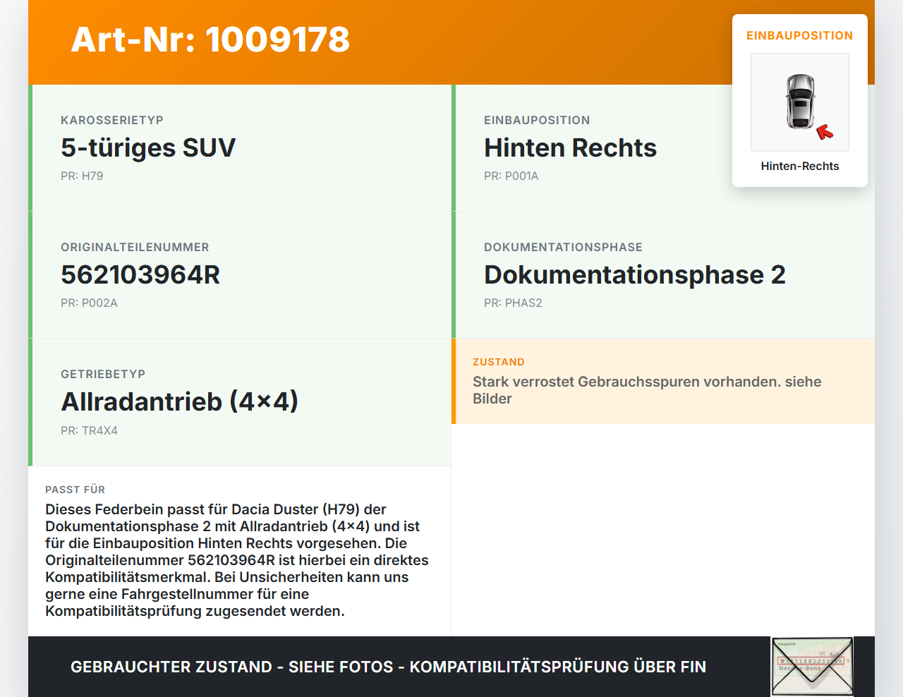 Dacia Duster 4x4 HS 10-18 Federbein Stossdämpfer Hinten Rechts Dacia Duster 4x4 HS 10-18 25.08.2016 562103964R gebraucht Vorschau 3