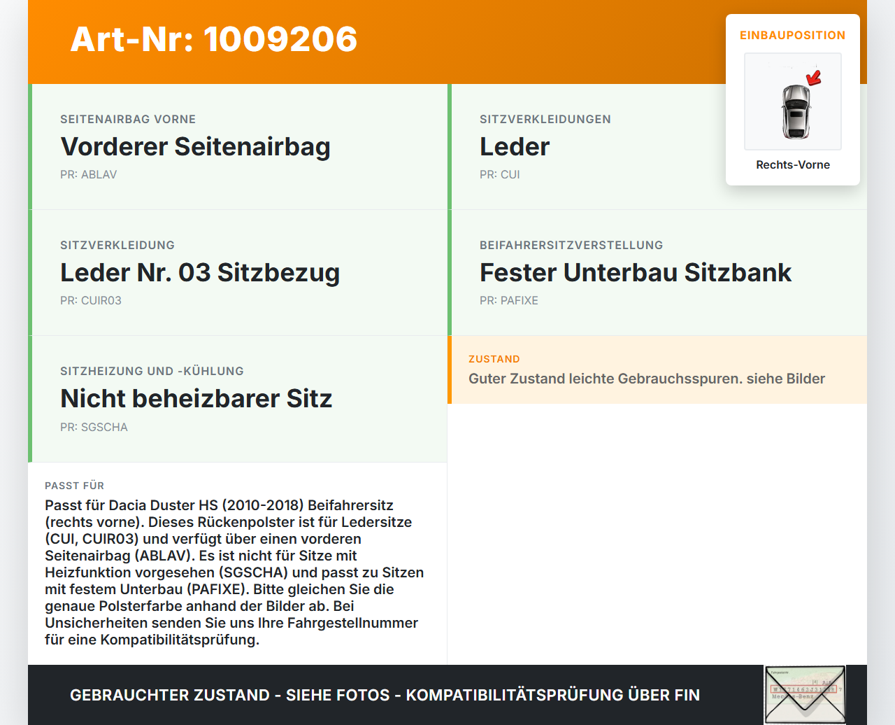 Dacia Duster 4x4 HS 10-18 Sitzbezug Rückenpolster Rechts Vorne für Beifahrer Sitz Dacia Duster 4x4 HS 10-18... Vorschau 3