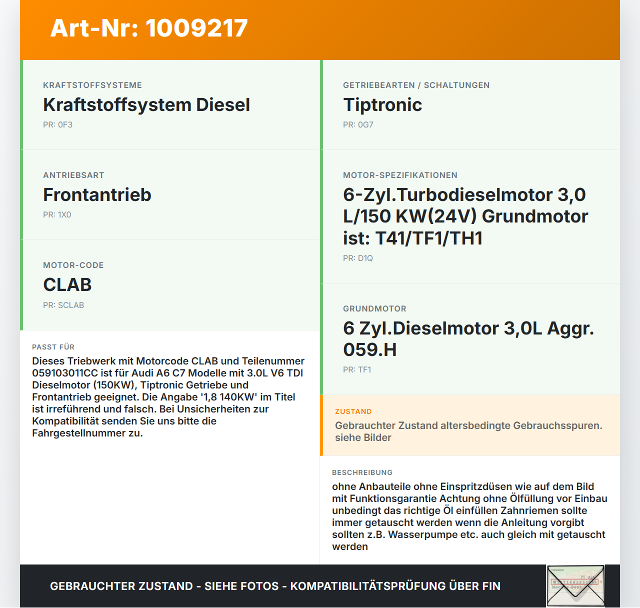 Audi A6 C7 4G 10-14 1,8 140KW CLAB Motor Triebwerk Audi A6 C7 4G 10-14 07.09.2011 059103011CC HULU4 059103011GT... Vorschau 3