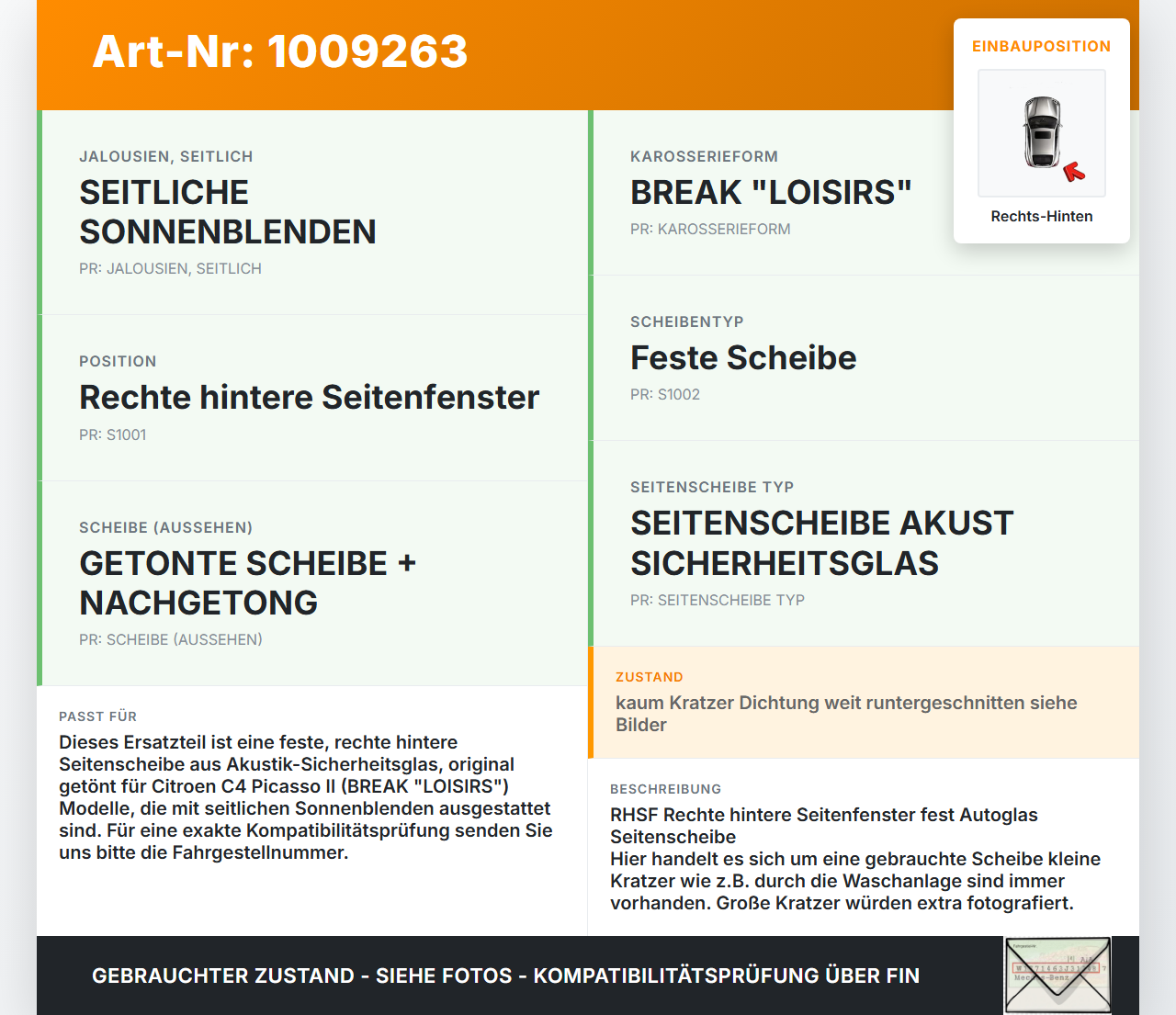 Citroen C4 Picasso II 13-22 Kombi Seitenscheibe Feste Scheibe Rechts Hinten Orig. getönt Citroen C4 Picasso II... Vorschau 3
