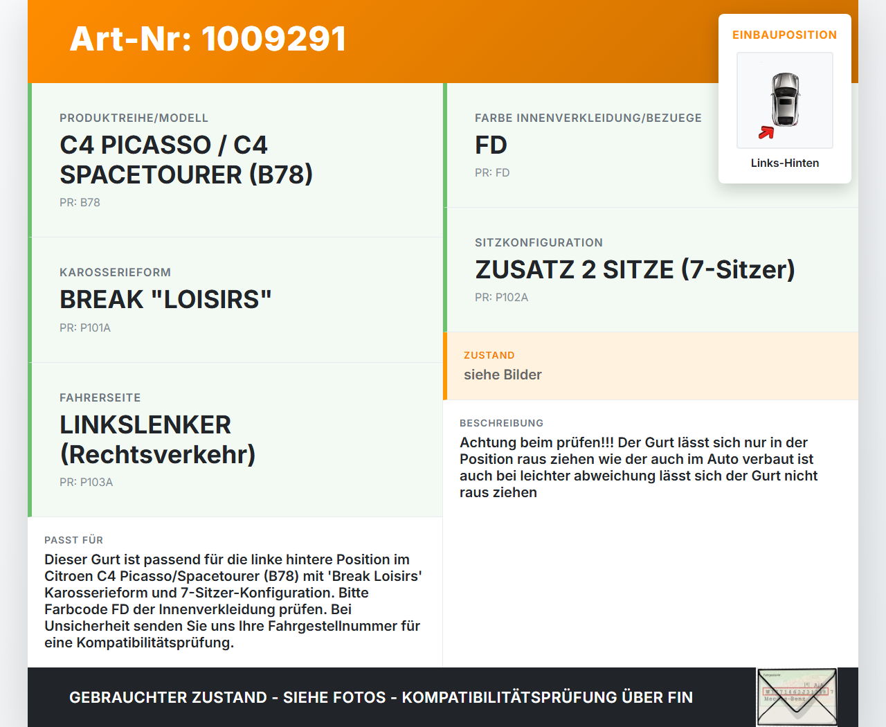 Citroen C4 Picasso II 13-22 Kombi Gurt Sicherheitsgurt Links Hinten Citroen C4 Picasso II 13-22 08.10.2014... Vorschau 3