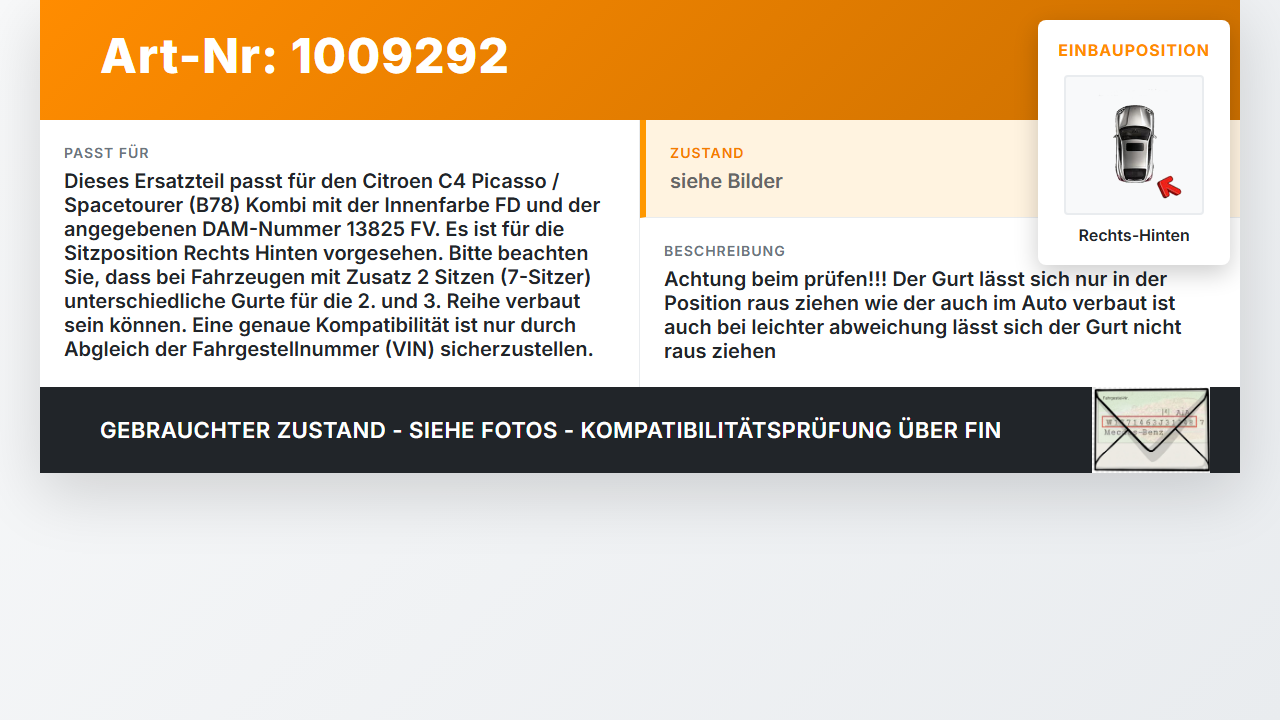 Citroen C4 Picasso II 13-22 Kombi Gurt Sicherheitsgurt Rechts Hinten Citroen C4 Picasso II 13-22 08.10.2014... Vorschau 3