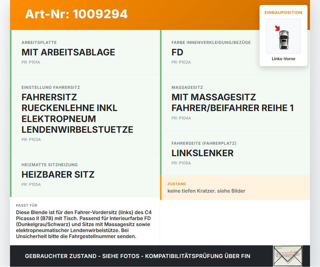 Citroen C4 Picasso II 13-22 Blende Verkleidung Rückenteil mit Tisch für Fahrer Sitz Links Vorne Citroen C4 Picasso... Vorschau 3