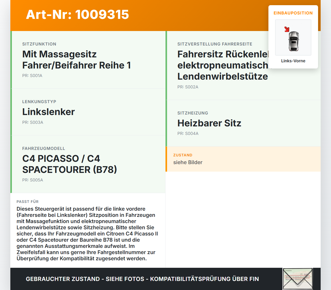 Citroen C4 Picasso II 13-22 Steuergerät SG Massage Links Vorne Citroen C4 Picasso II 13-22 08.10.2014 9802982280... Vorschau 3