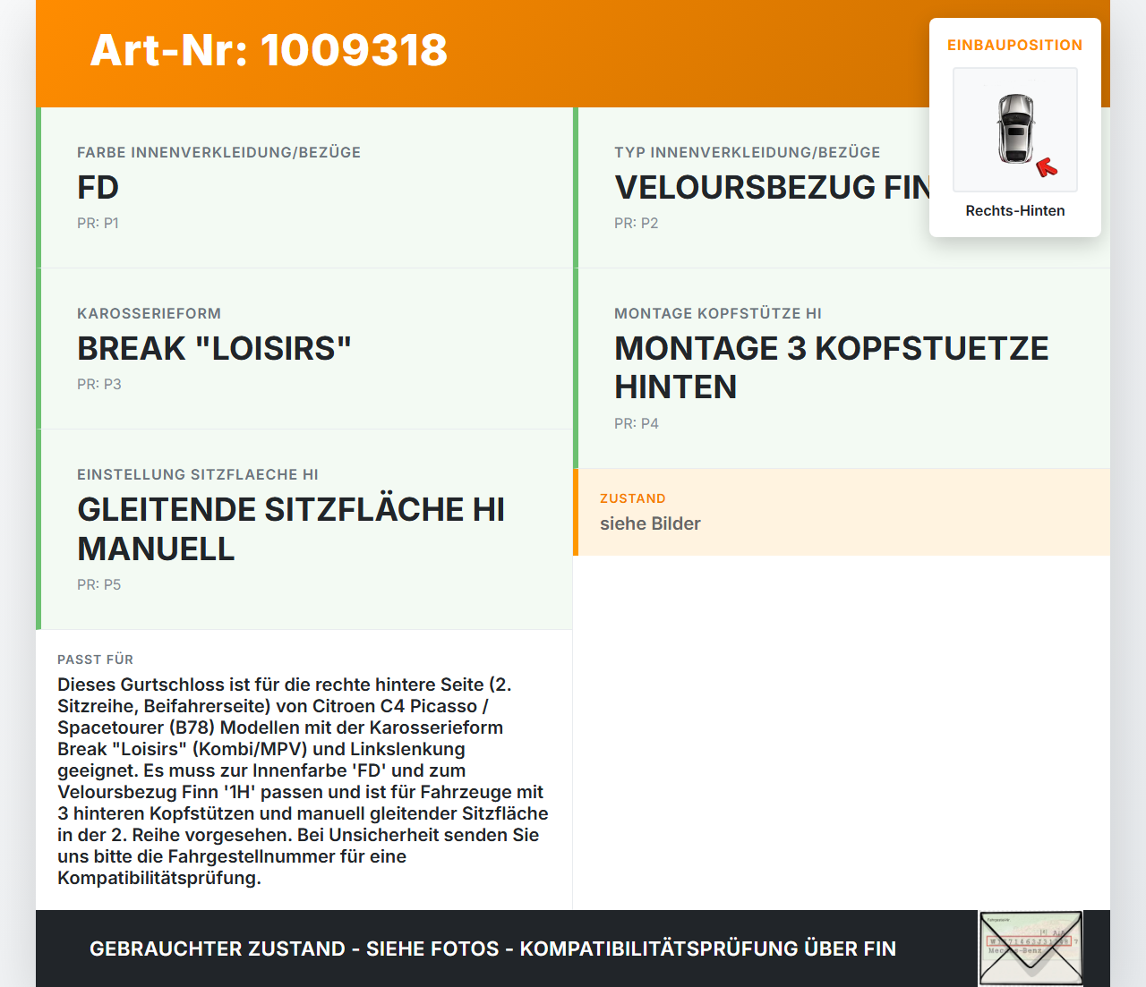 Citroen C4 Picasso II 13-22 Kombi Gurtschloss Rechts Hinten Citroen C4 Picasso II 13-22 08.10.2014 98001481XT... Vorschau 3