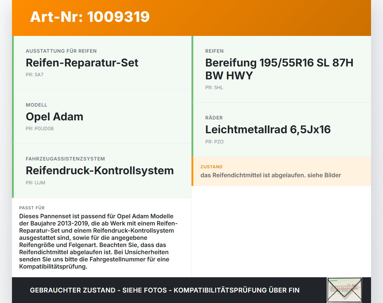Opel Adam M13 13-19 Pannenset Kompressor Reifendichtmittel Werkzeug Opel Adam M13 13-19 29.07.2016 13392204 gebraucht Vorschau 3