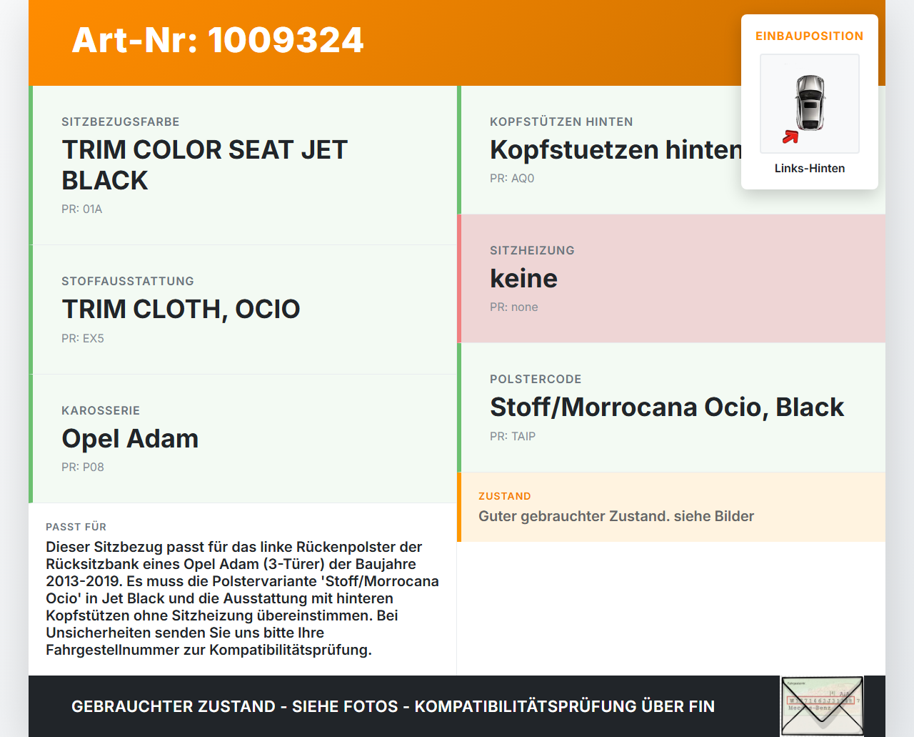 Opel Adam M13 13-19 3T Sitzbezug Rückenpolster Links für Rücksitzbank Hinten Opel Adam M13 13-19 29.07.2016 gebraucht Vorschau 3