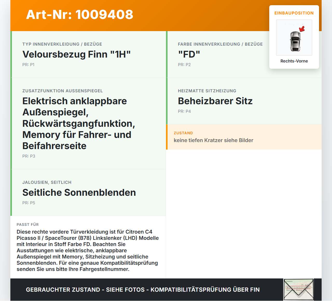 Citroen C4 Picasso II 13-22 Kombi Türverkleidung Türpappe Rechts Vorne Citroen C4 Picasso II 13-22 08.10.2014... Vorschau 3