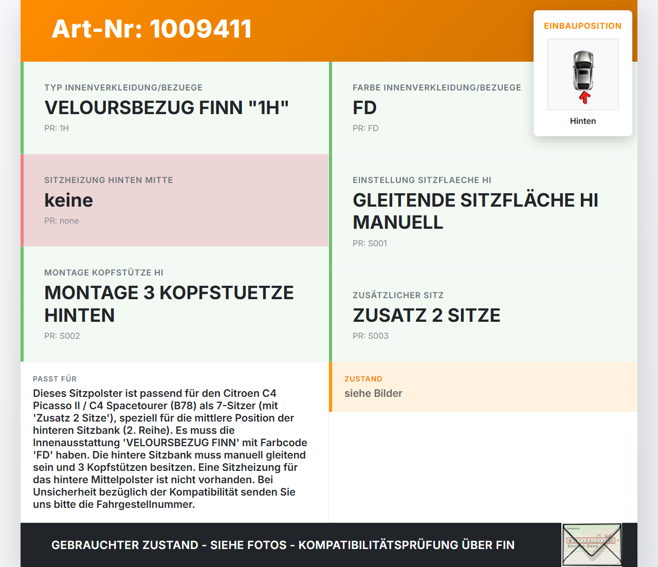 Citroen C4 Picasso II 13-22 Kombi Sitzbezug Sitzpolster Mitte für Rücksitzbank Hinten Citroen C4 Picasso II 13-22... Vorschau 3
