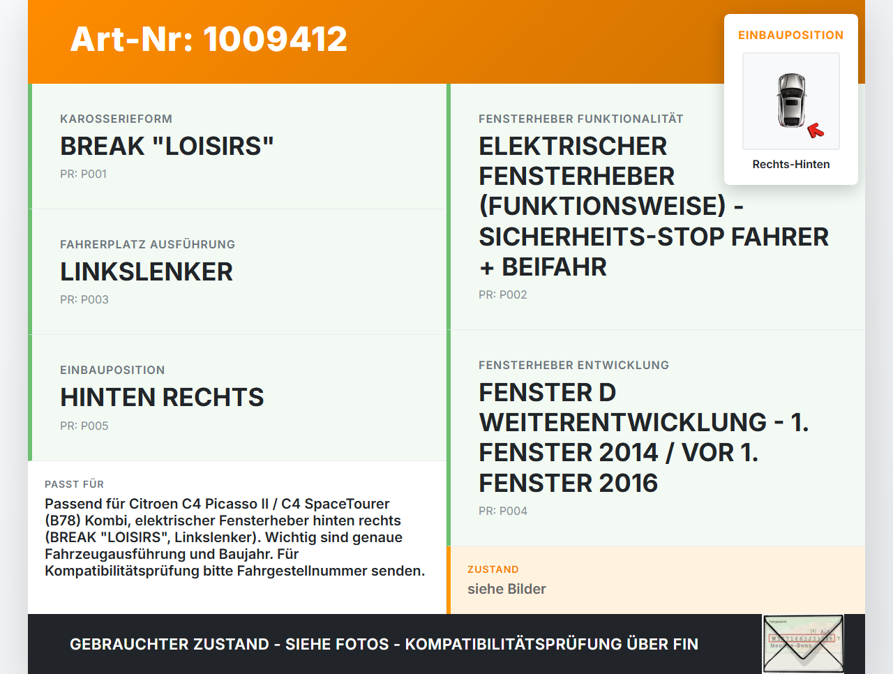 Citroen C4 Picasso II 13-22 Kombi Fensterhebermotor mit Fensterheber Rechts Hinten Citroen C4 Picasso II 13-22... Vorschau 3