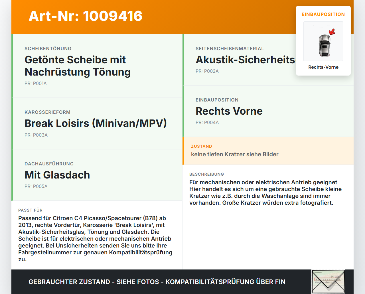 Citroen C4 Picasso II 13-22 Kombi Seitenscheibe RVK Türscheibe Rechts Vorne Citroen C4 Picasso II 13-22 08.10.2014... Vorschau 3
