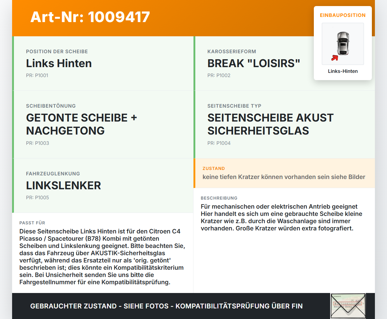 Citroen C4 Picasso II 13-22 Kombi Seitenscheibe LHK für Türscheibe Fenster Links Hinten Orig. getönt Citroen C4... Vorschau 3