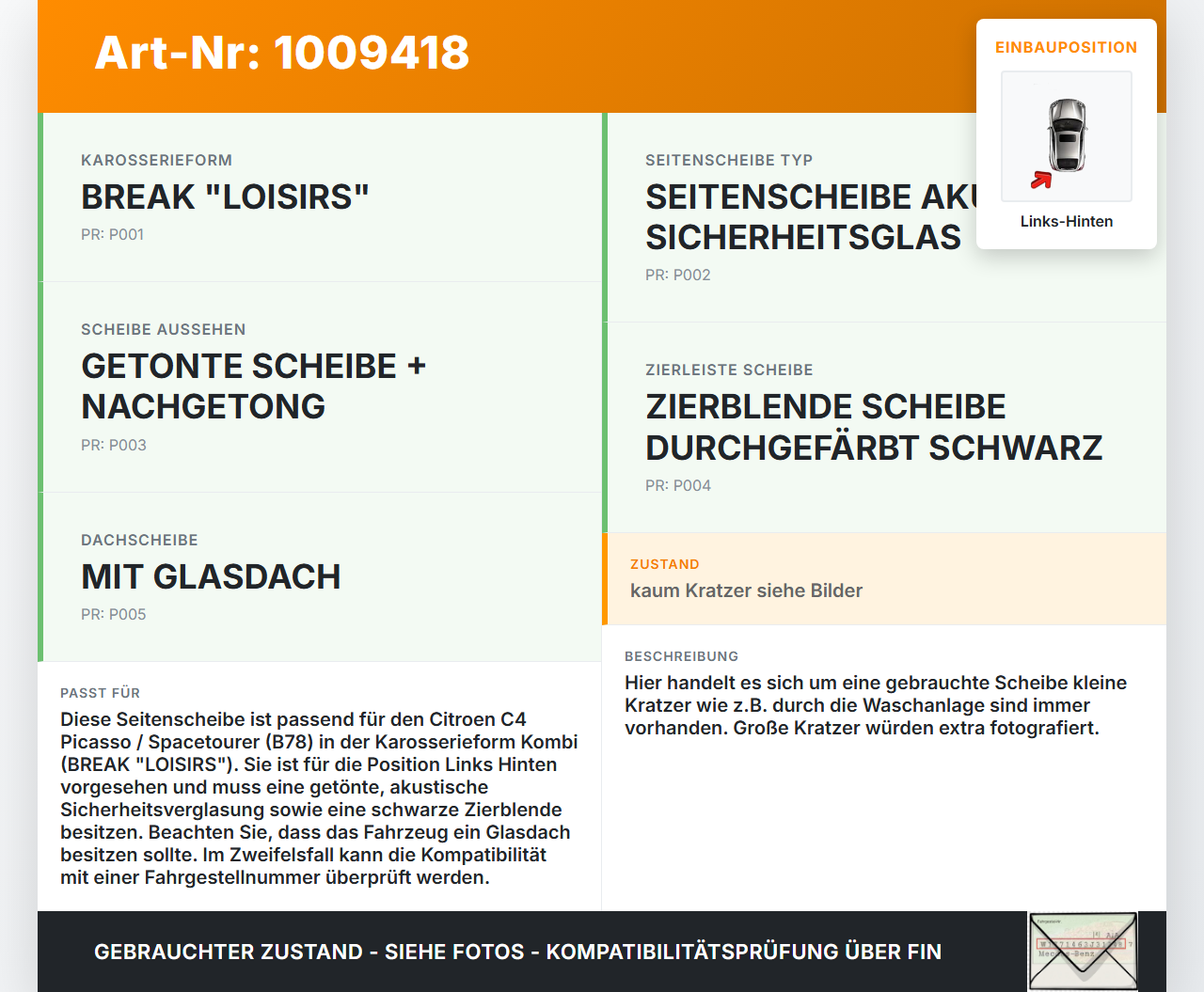 Citroen C4 Picasso II 13-22 Kombi Seitenscheibe Dreieck Links Hinten Citroen C4 Picasso II 13-22 08.10.2014... Vorschau 3