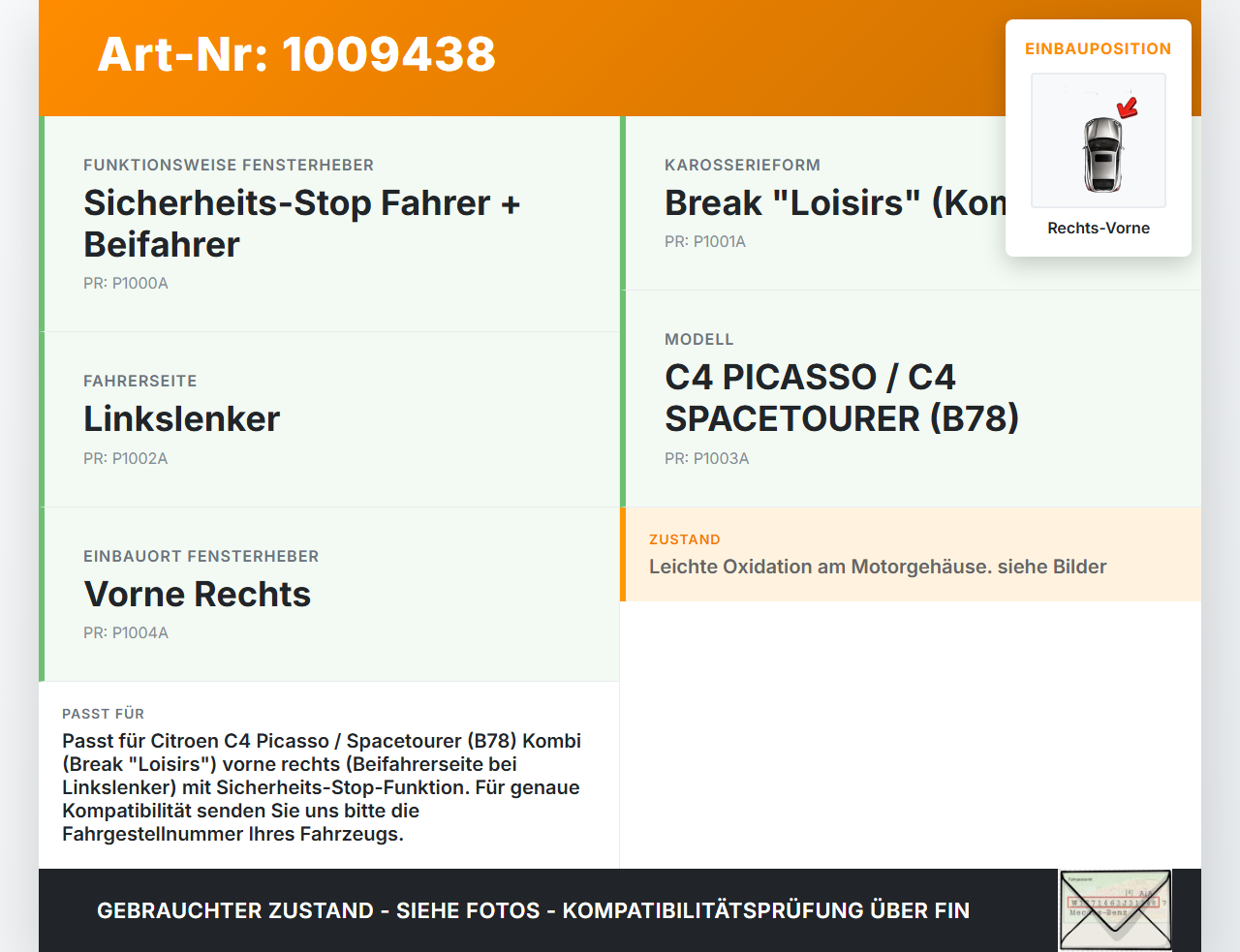 Citroen C4 Picasso II 13-22 Kombi Fensterhebermotor mit Fensterheber Rechts Vorne Citroen C4 Picasso II 13-22... Vorschau 3