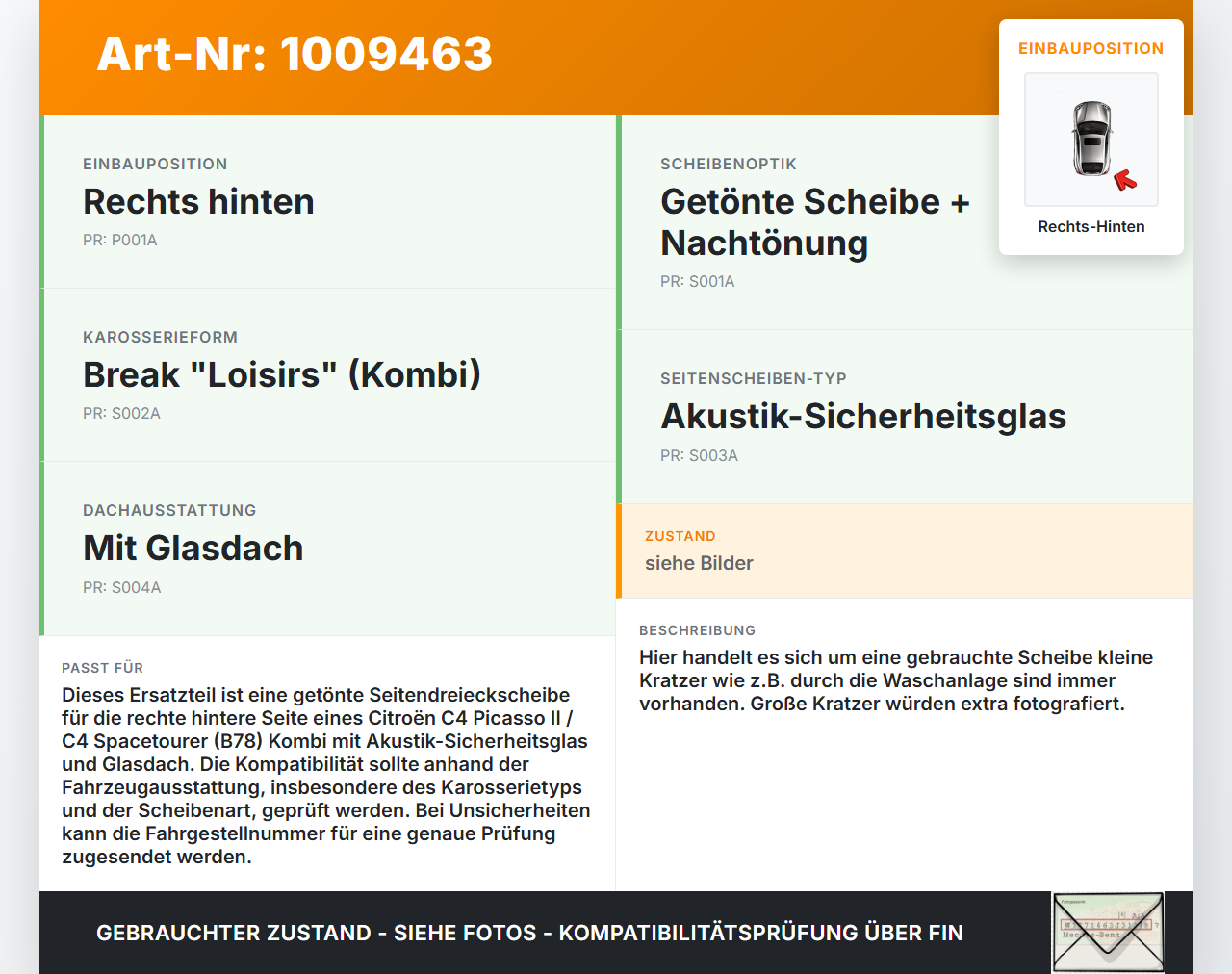 Citroen C4 Picasso II 13-22 Kombi Seitenscheibe Dreieck Scheibe Rechts Hinten Orig. getönt Citroen C4 Picasso II... Vorschau 3