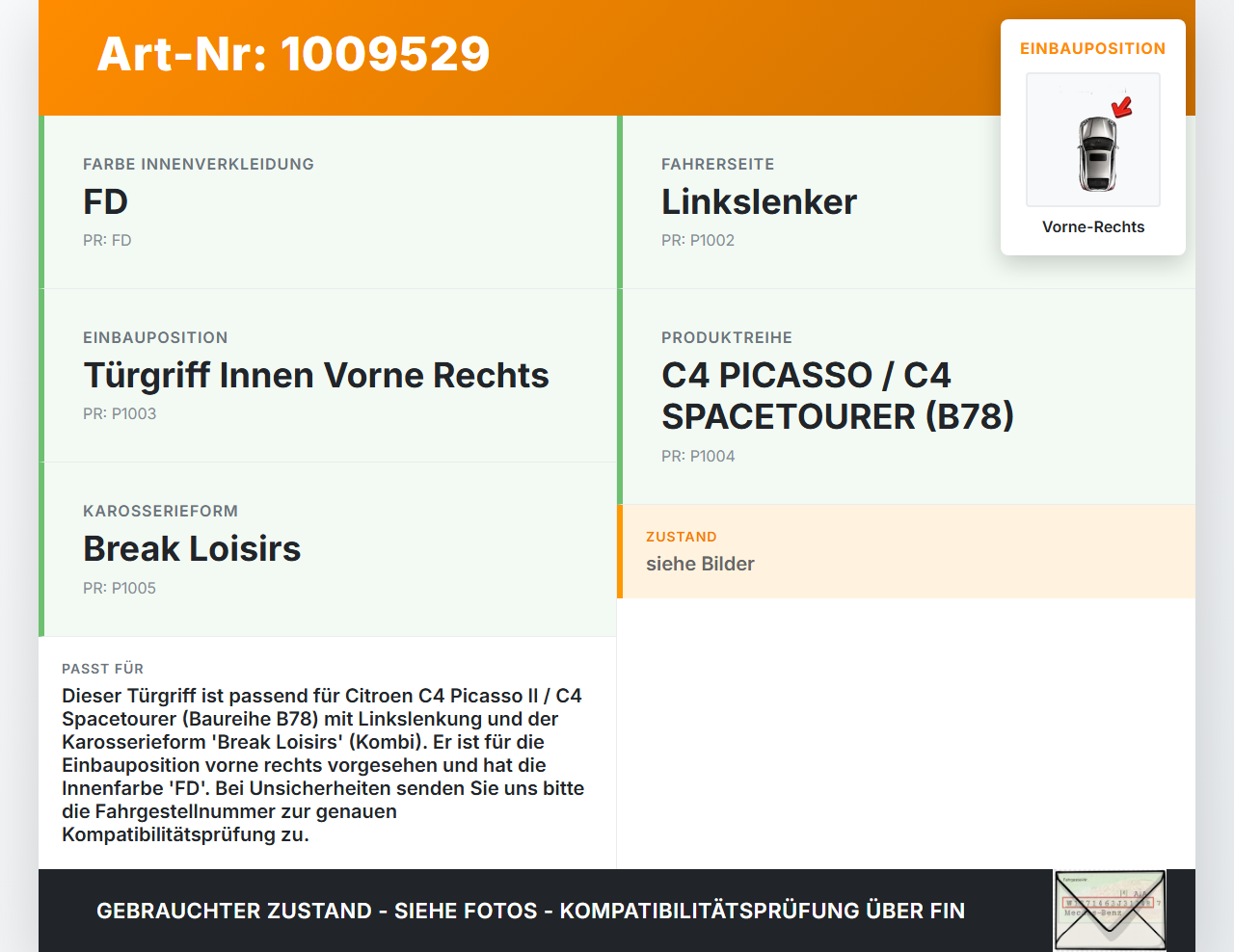 Citroen C4 Picasso II 13-22 Kombi Türgriff Innen Türöffner Griff Vorne Rechts Citroen C4 Picasso II 13-22... Vorschau 3