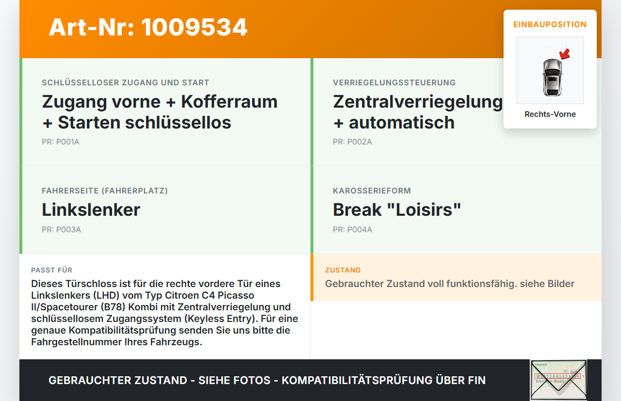 Citroen C4 Picasso II 13-22 Kombi Türschloss m. ZV Stellmotor Rechts Vorne Citroen C4 Picasso II 13-22 08.10.2014... Vorschau 3