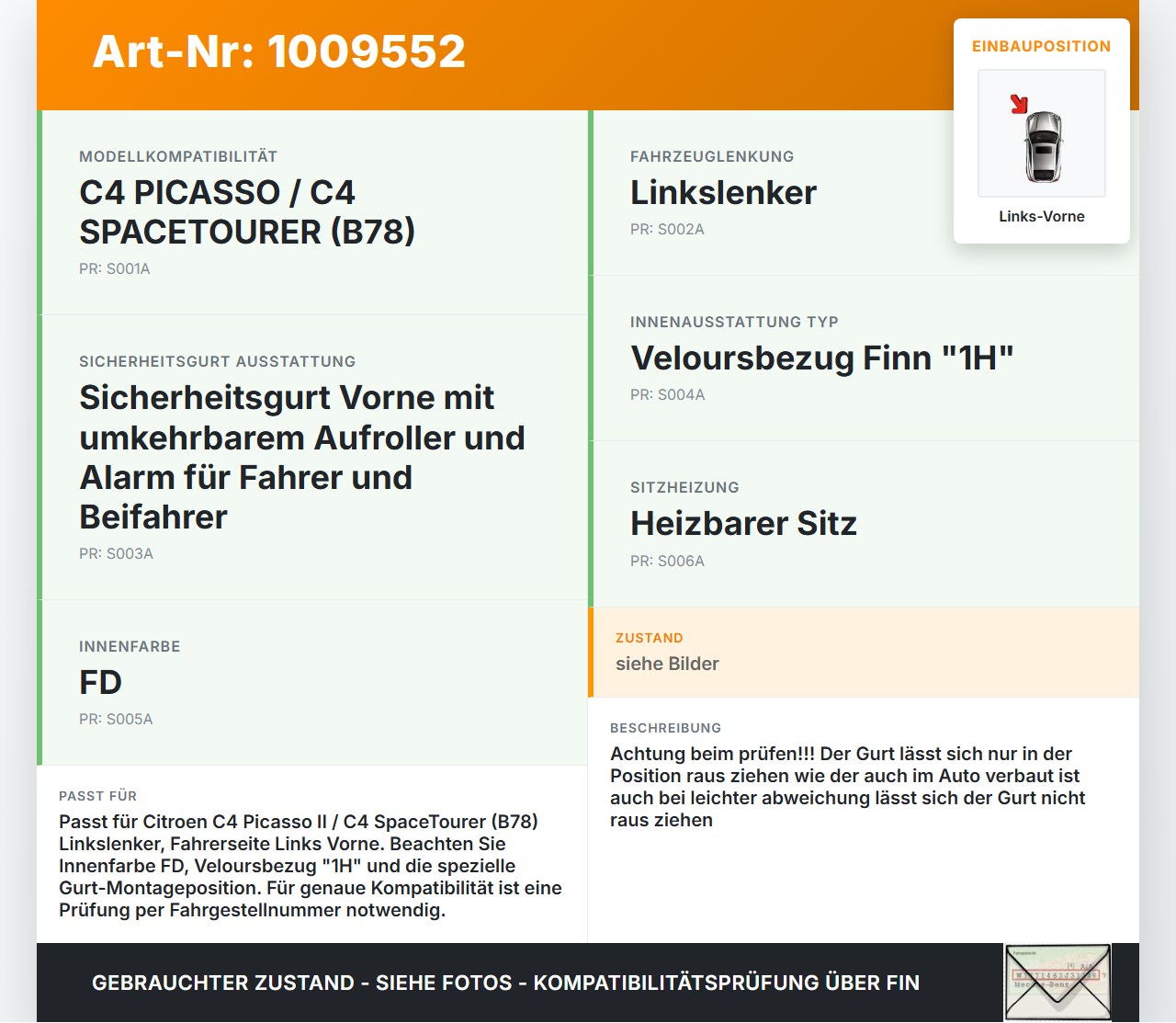Citroen C4 Picasso II 13-22 Kombi Gurt Sicherheitsgurt m. Gurtstraffer für Fahrer Links Vorne Citroen C4 Picasso II... Vorschau 3
