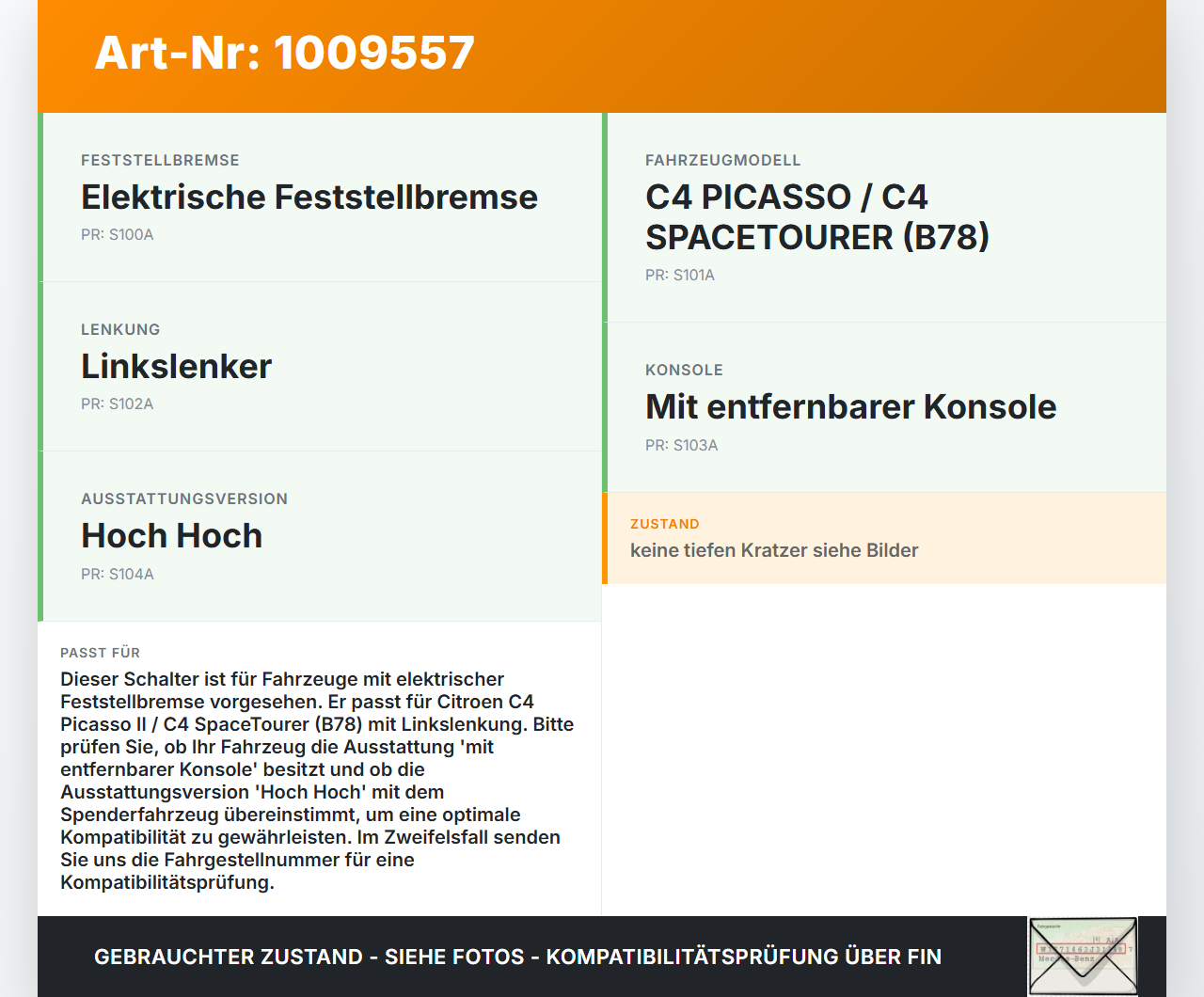 Citroen C4 Picasso II 13-22 Schalter Elektr. Parkbremse Feststellbremse Citroen C4 Picasso II 13-22 08.10.2014... Vorschau 3